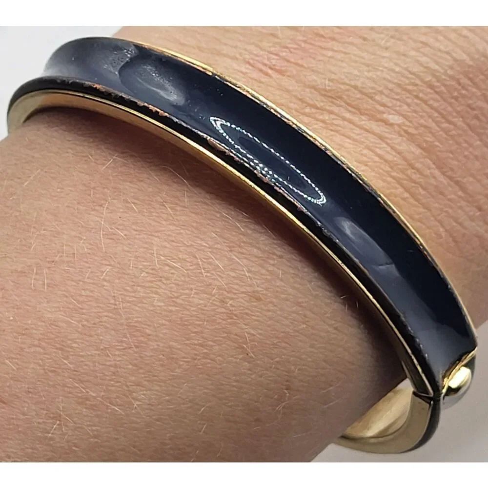 Vintage 60s Dark Blue Enamel Hinged Bracelet 2.25in dia